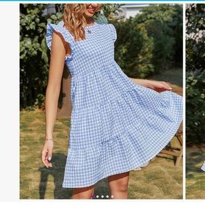 Blue gingham flutter sleeve dress